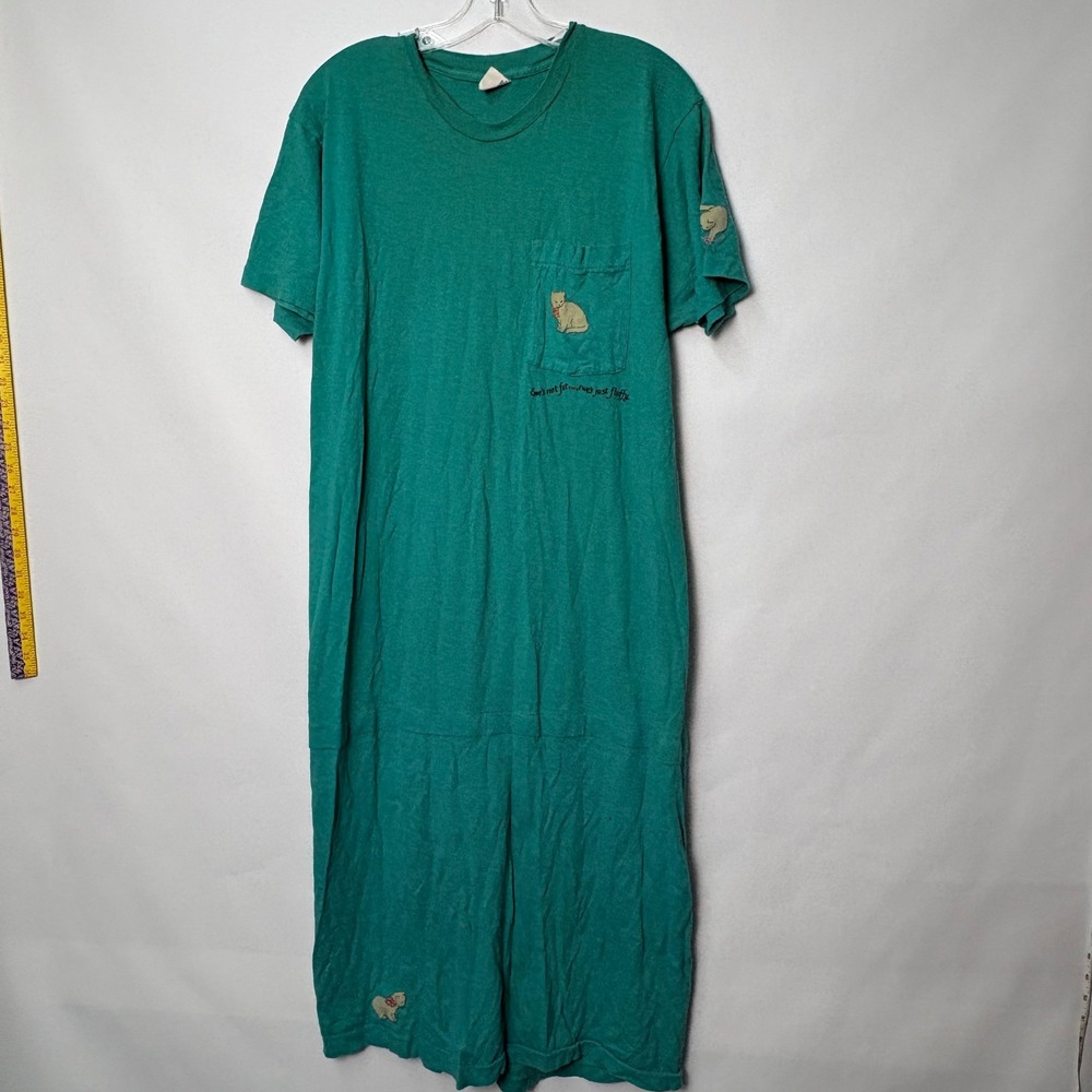 Vintage Cat Kitten Pocket T-Shirt Night Dress XL Teal Green Made in USA Handmade